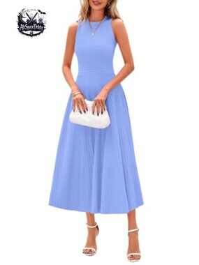 Pleated Midi Work Dress Sleeveless A-Line Crew Neck Viscose Summer Office